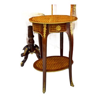 French Louis XV Parquetry Accent Table – Intricate Geometric Wood Inlay With Gilded Bronze Details For Sale