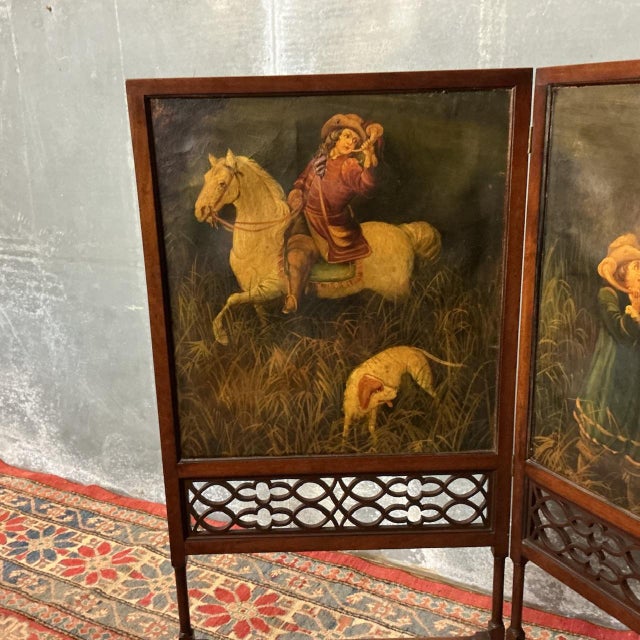 Edwardian Mahogany Screen Set with Hunting Oil Paintings, 1905 For Sale - Image 4 of 8