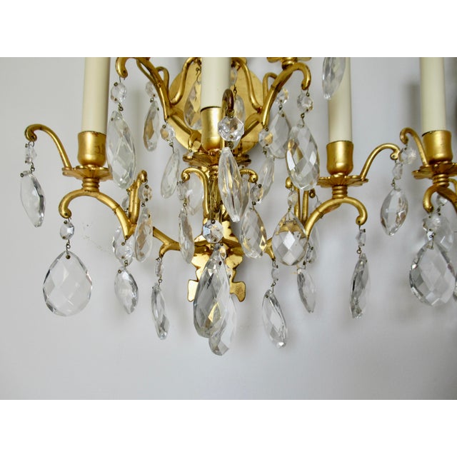 Late 19th Century French Victorian -Style, Gilded Gold & Crystal Drop 5--Candelabra Wall Light Sconces - Pair For Sale - Image 12 of 17