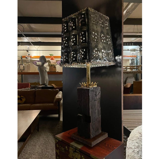Absolutely stunning mid-century Brutalist table lamp. Body is comprised of a solid block of rough hewn wood. A second...