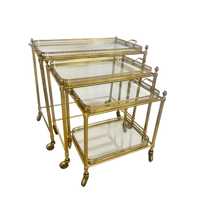 French Neoclassical Style Nesting Bar Carts With Glass Shelves, Maison Bagues For Sale