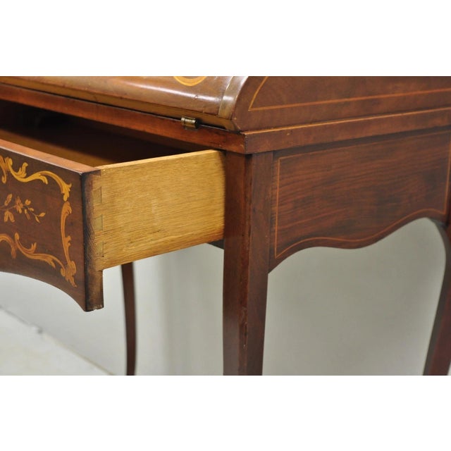 Brown Antique French Louis XV Style Marquetry Inlaid Drop Front Ladies Writing Desk For Sale - Image 8 of 18