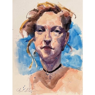 Untitled 8 by Clyde Steadman | Watercolor on paper of a woman with flowing hair and a choker. For Sale