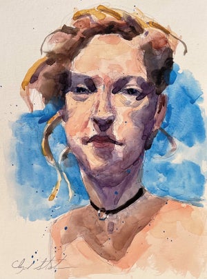 Untitled 8 by Clyde Steadman | Watercolor on paper of a woman with flowing hair and a choker.