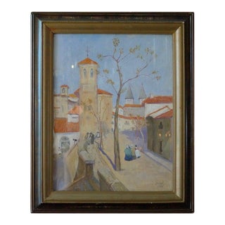 1944 Portuguese Church Tower Watercolor Painting For Sale