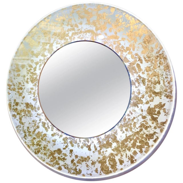 Gold Contemporary Italian Organic Modern Ivory White and Gold Leaf Round Lit Mirror - in Showroom For Sale - Image 8 of 8