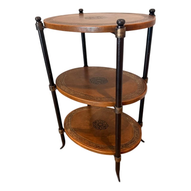 Late 20th Century Leather-Wrapped & Iron Three-Tier Oval Side Table, Made in India For Sale