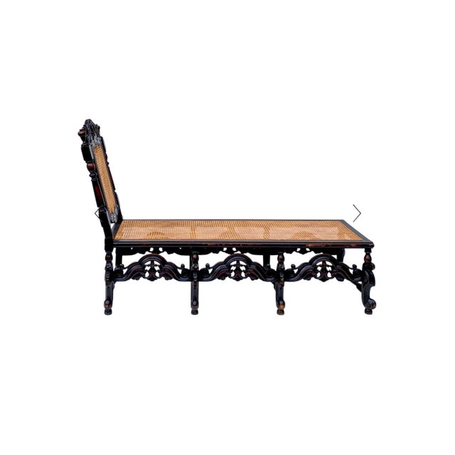 English Late 19th-C. English Anglo-Indian Style Carved Oak & Cane Chaise For Sale - Image 3 of 5