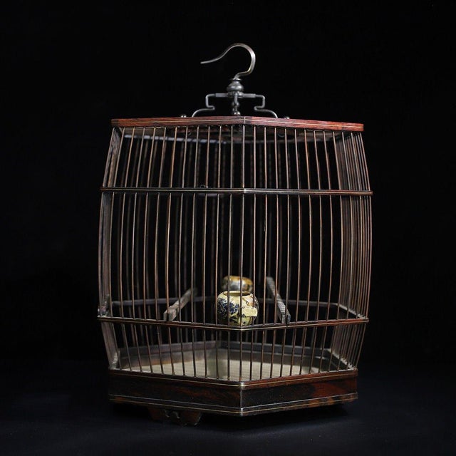 Wood Vintage Chinese Huali Rosewood Hexagonal Bird Cage With Matching 60cm Wooden Pole For Sale - Image 7 of 10