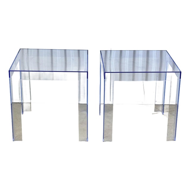 Blue Parsons Style Acrylic Side Tables by Kartell-a Pair For Sale