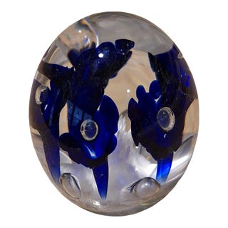 1990s Joe Rice Signed Art Glass Paperweight With Cobalt Blue Trumpet Lilies For Sale