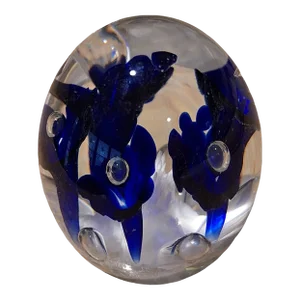 1990s Joe Rice Signed Art Glass Paperweight With Cobalt Blue Trumpet Lilies