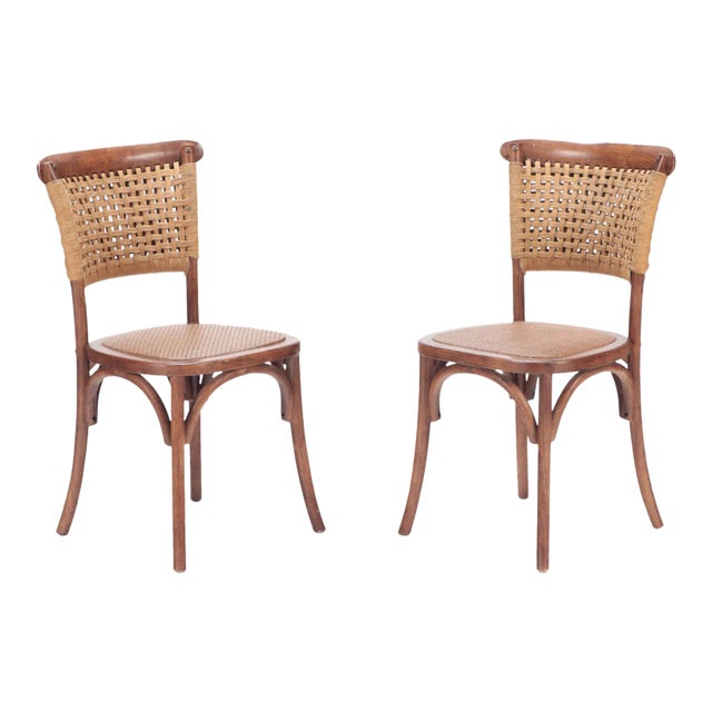 French Vintage Oak Side Chairs With Rattan Backs and Seats. A Pair For Sale