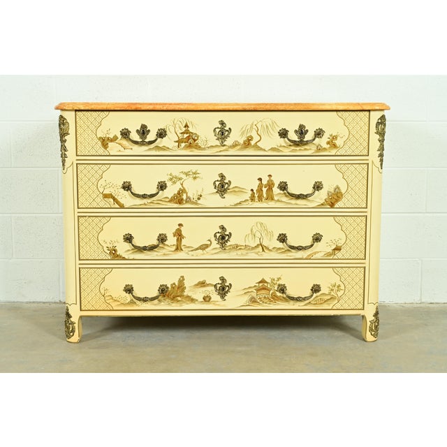 Baker Furniture Style French Regency Louis XVI Chinoiserie Cream Lacquered Dresser Chest For Sale - Image 17 of 17