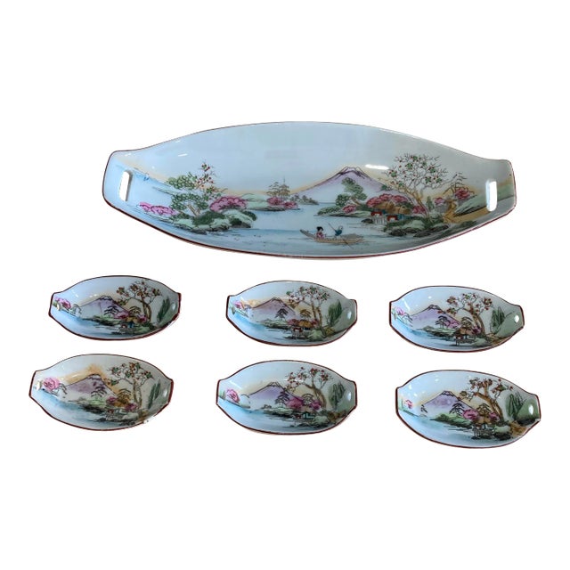 Vintage Hand Painted Japanese Sushi Serving Set With Mount Fuji Landscape, 7 Pieces For Sale