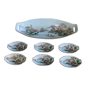 Vintage Hand Painted Japanese Sushi Serving Set With Mount Fuji Landscape, 7 Pieces