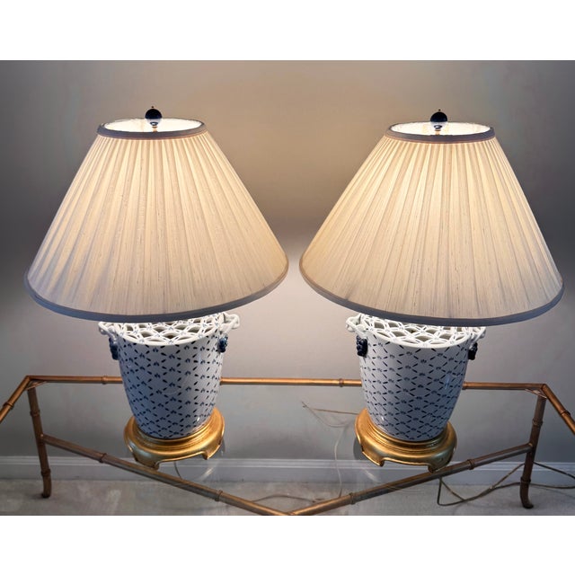 Wood 1980s Chinoiserie Hollywood Regency Blue and White Fishnet Table Lamps With Custom Fabric Shades - A Pair For Sale - Image 7 of 17