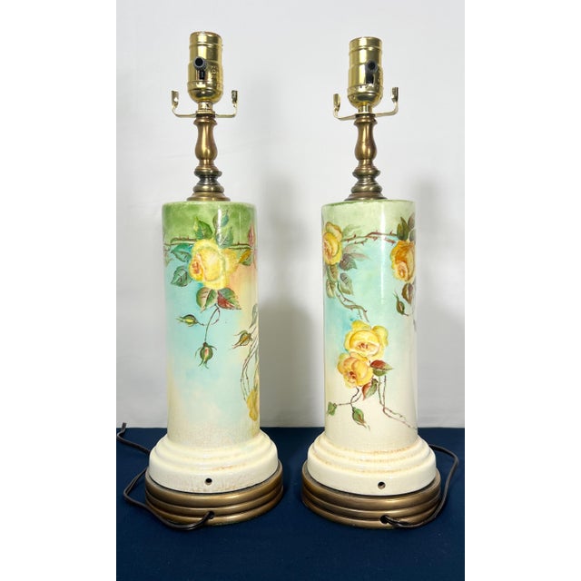 1939 Loevsky & Loevsky Hand-Painted Floral Cylinder Lamps - a Pair For Sale - Image 10 of 12