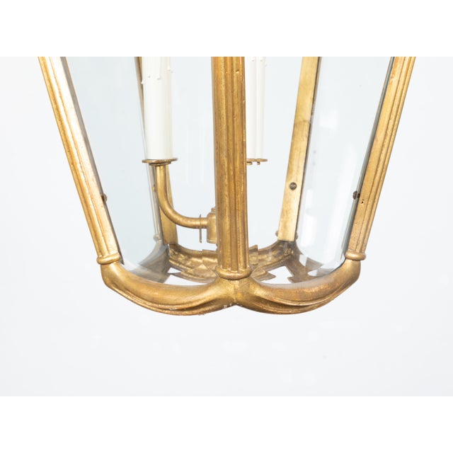 Art Nouveau Art Nouveau Style Gilt Metal Three-Light Lantern with Subtle Scrolling Effects For Sale - Image 3 of 12