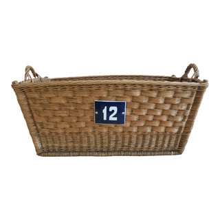 Large French Wicker/Willow Market Basket W/ Blue & White Enameled Number Plate For Sale