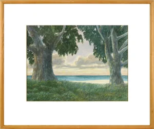 Late 20th Century "Eucalyptus Trees, Sunset" Coastal Landscape Watercolor Painting by Kipp Stewart, Framed