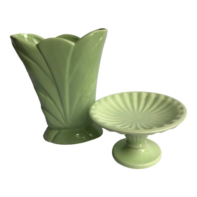 Vintage Green Pottery Vase and Stand - 2 Pieces For Sale