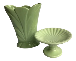Vintage Green Pottery Vase and Stand - 2 Pieces