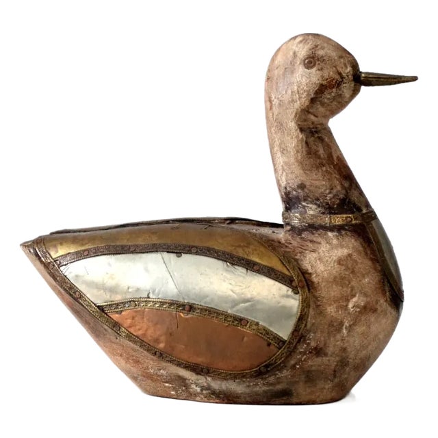 Vintage Folk Art Wood and Metal Duck Figurine For Sale