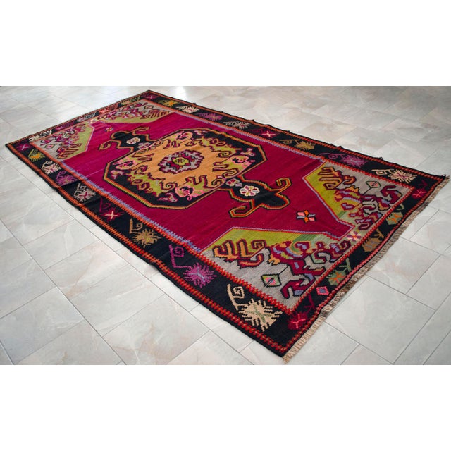 Handwoven Turkish Kilim Rug Anatolian Tribal Magenta Rug - 6′2″ X 13′3″ For Sale - Image 4 of 12