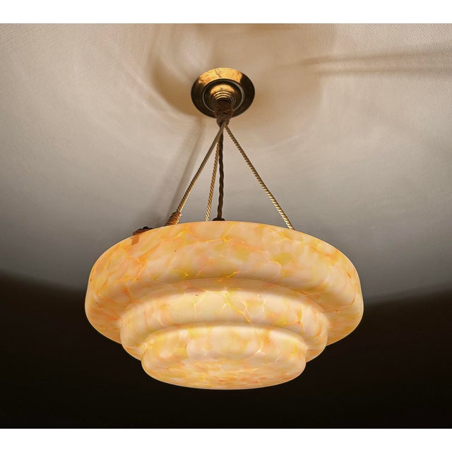 Metal Art Deco Pendant Light in Pink Marble Glass, 1930s For Sale - Image 7 of 18