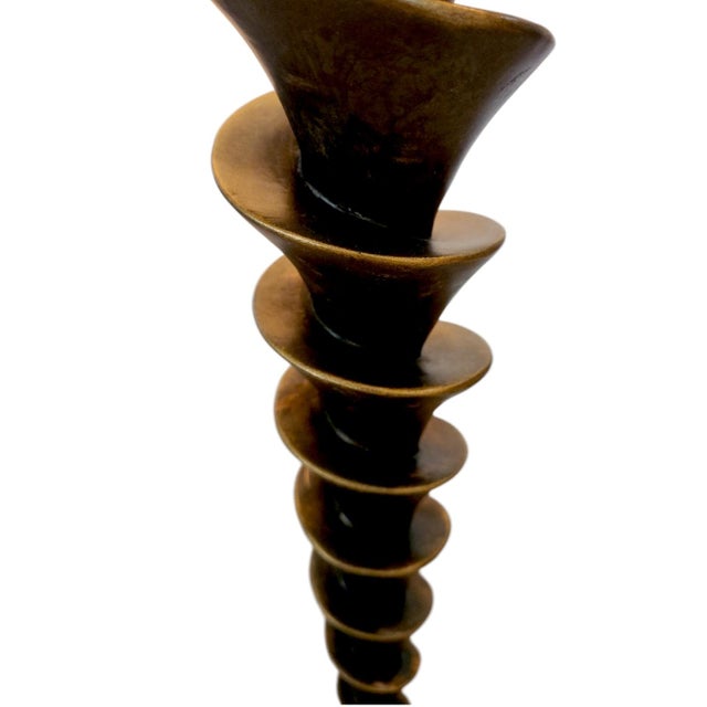 Spiral Cut Bronze Toned Torchiere Buffet Lamps With Tiger Striped Amber Glass Shades - A Pair For Sale - Image 4 of 13