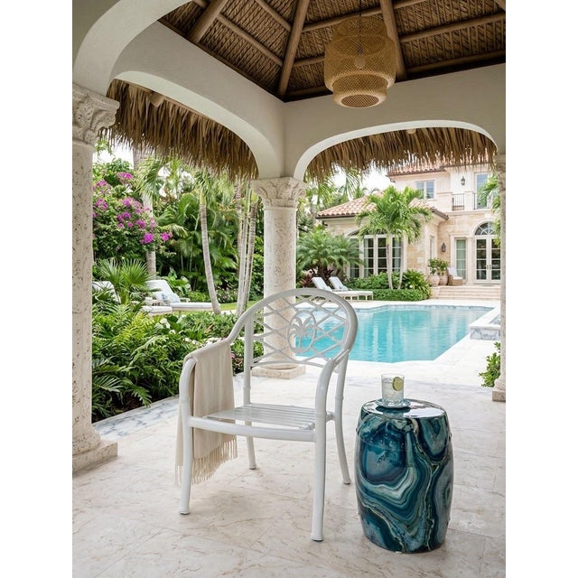 Vintage Hollywood Regency White Aluminum Palm Tree & Faux Bamboo Armchair For Sale - Image 9 of 12