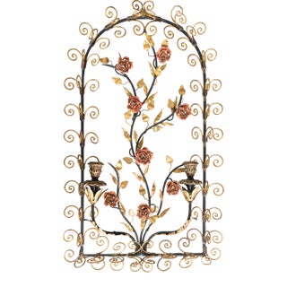 Romantic Vintage Italian Gilt Tole & Red Roses Candle Wall Sconce For Sale