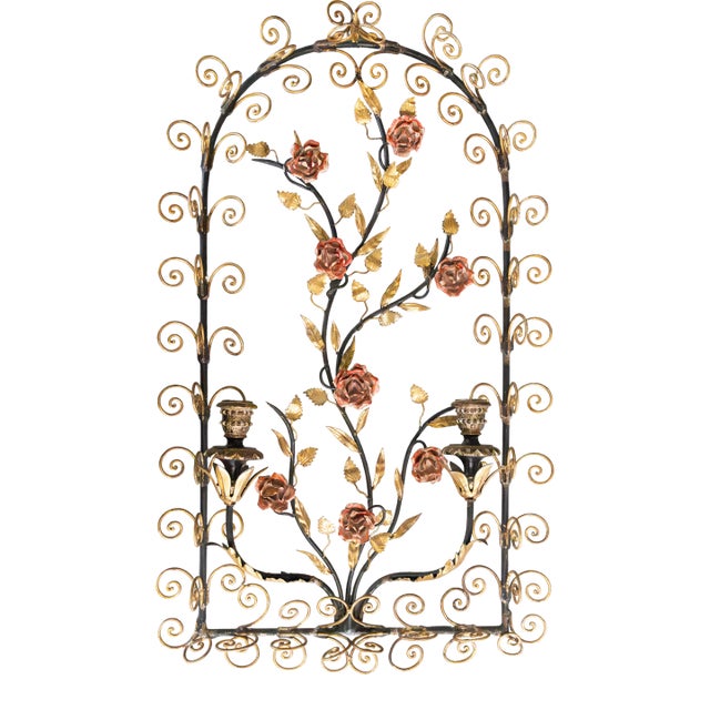 Romantic Vintage Italian Gilt Tole & Red Roses Candle Wall Sconce For Sale