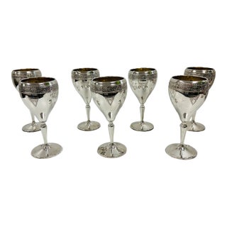 1940s M. Fred Hirsch Decorated Sterling Silver Goblets - Set of 7 For Sale