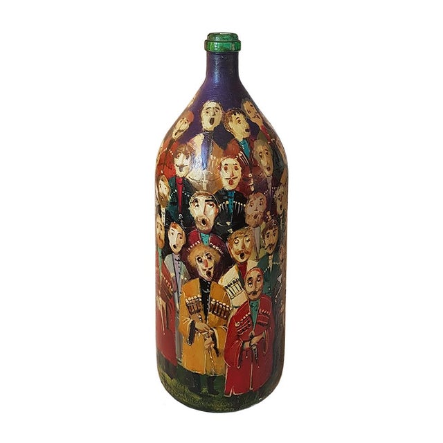 Large Hand-Painted Georgian Cossack Choir Folk Art Bottle on Soviet Glass Base, 2005 For Sale - Image 3 of 9