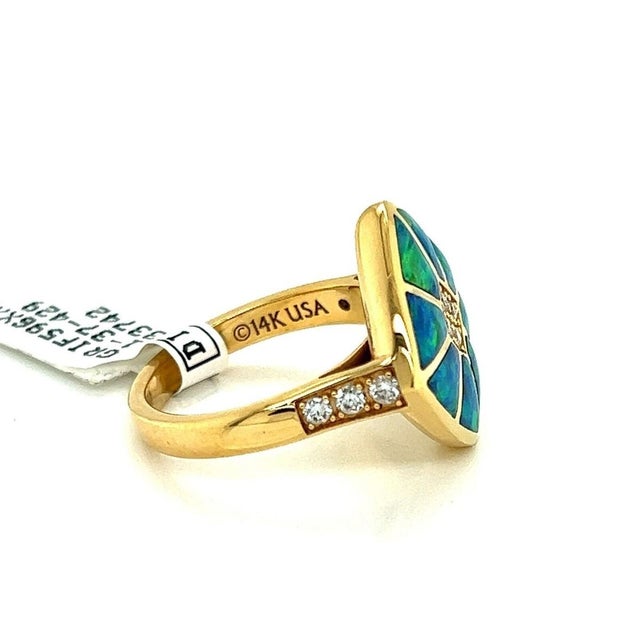 Gemstone Mid 20th Century Kabana 14k Yellow Gold Fire Opal Inlay & Diamond Ring Size 7 For Sale - Image 7 of 9