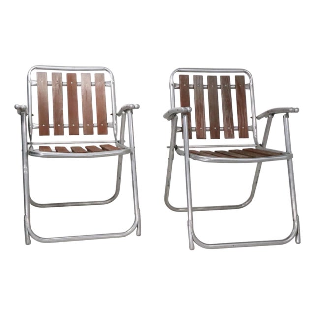 Pr. Vintage Aluminum and Wood Folding Lawn Chairs C 1960/70's For Sale