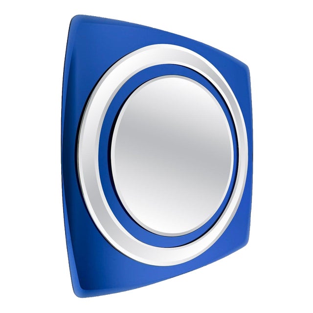 Vintage Italian Space Age Wall Mirror in Cobalt Blue Beveled and Mirrored Glass, 1970s For Sale