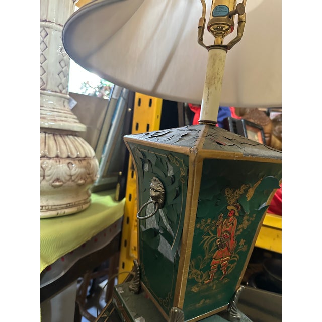 Asian Vintage Asian Green Metal Lamp With Red Figure Accents- Condition Issues For Sale - Image 3 of 8