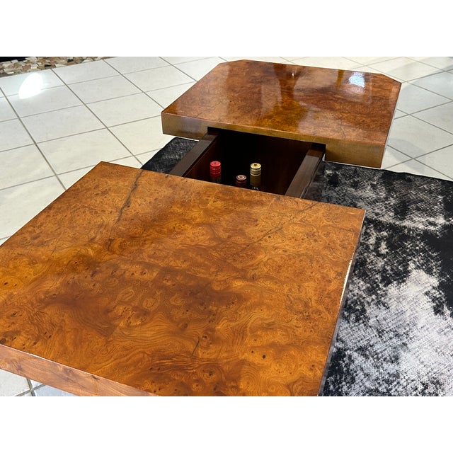 Vintage 1970s Lancel France elm burl coffee table/bar. This rectangular table features an ingenious two-part opening...