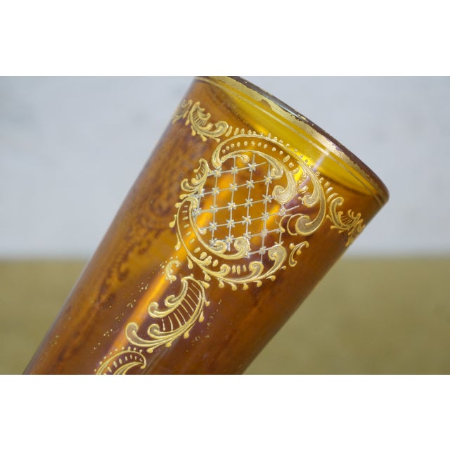 Antique Moser Bohemian Czech Amber Cut to Clear Crystal Trumpet Vase 14" For Sale - Image 10 of 14