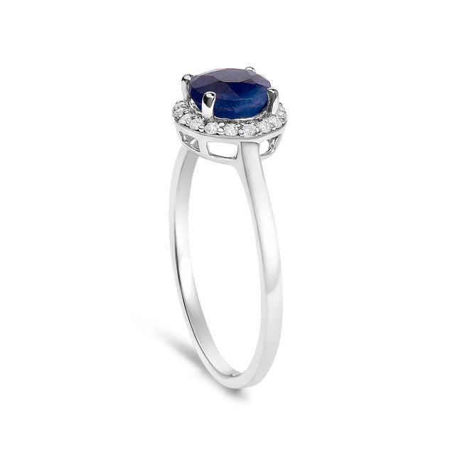 10K White Gold Blue Sapphire and 1/10 Cttw Diamond Halo Ring For Sale - Image 4 of 7