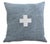 Custom-tailored pillow created from a blue woven cotton/linen textile. Pillow has a cream-colored wool appliqué cross on...