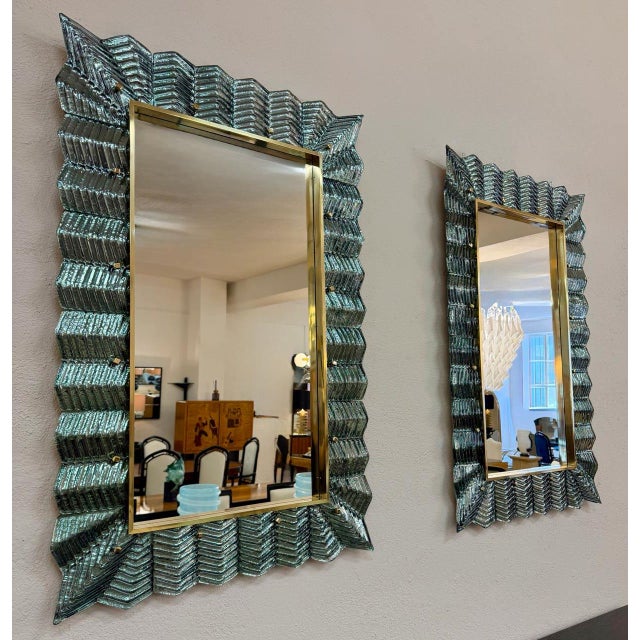 Mid-Century Modern Sculptural Turquoise Murano Glass and Brass Mirrors, 2000s, Set of 2 For Sale - Image 3 of 8