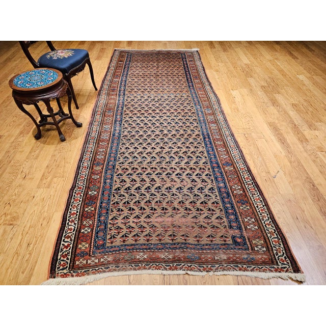 Persian Vintage Persian Kurdish Bidjar Gallery Rug, Hand-Knotted Wool, Allover Paisley Design, Camelhair & Blue, 5x12 For Sale - Image 3 of 16
