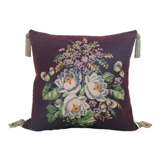 Vintage Floral Needlepoint Pillow For Sale