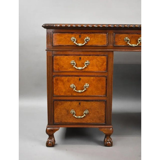 Antique Burr Walnut Pedestal Desk – Green Leather Top Item Code: LC1357 A fine quality antique burr walnut pedestal desk...