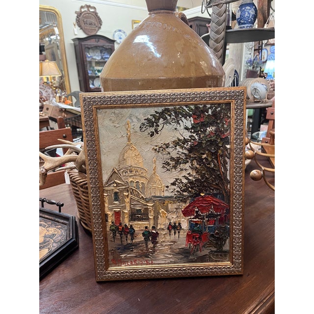 Wood Vintage Mid-Century Parisian Street Scene Impasto Oil Painting - Sacré-Cœur, Montmartre For Sale - Image 7 of 11