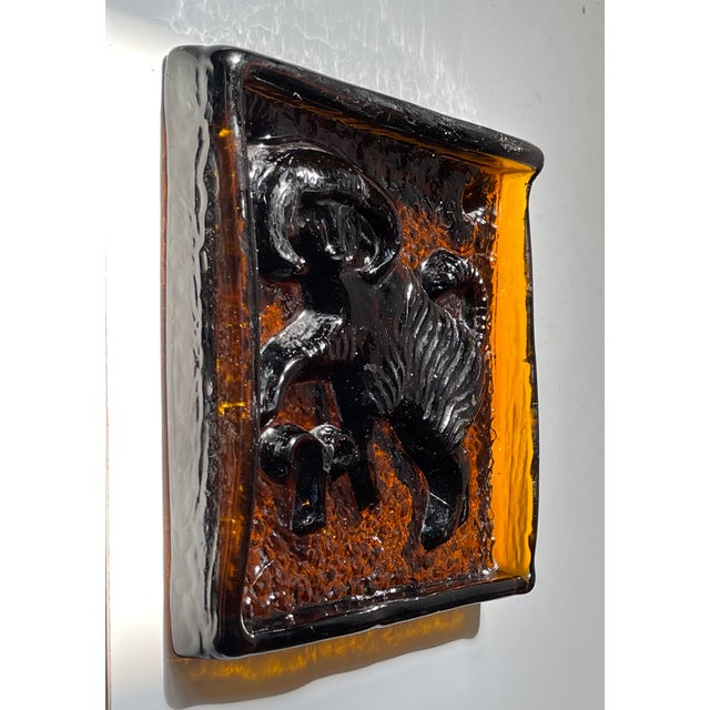 Mid-Century Modern Mid-Century Amber Glass Zodiac Block with Capricorn from Ząbkowice Glassworks, 1950s For Sale - Image 3 of 7
